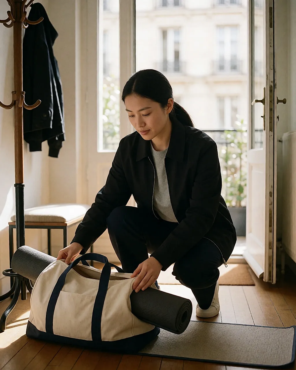 Una entrenadora deja su bolsa en la entrada y despliega su esterilla