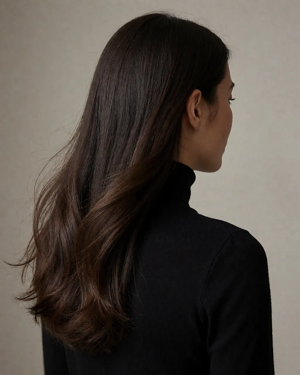 Long, glossy espresso-brown hair falling down the back over a black collar