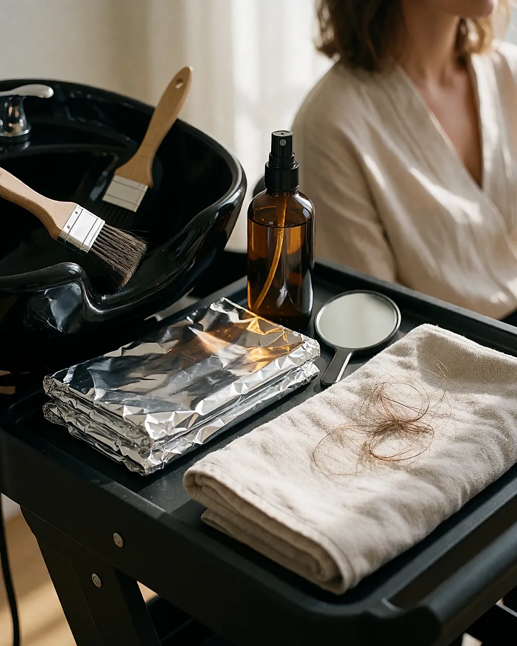 Colour tools on a salon trolley: bowl, brush, foil