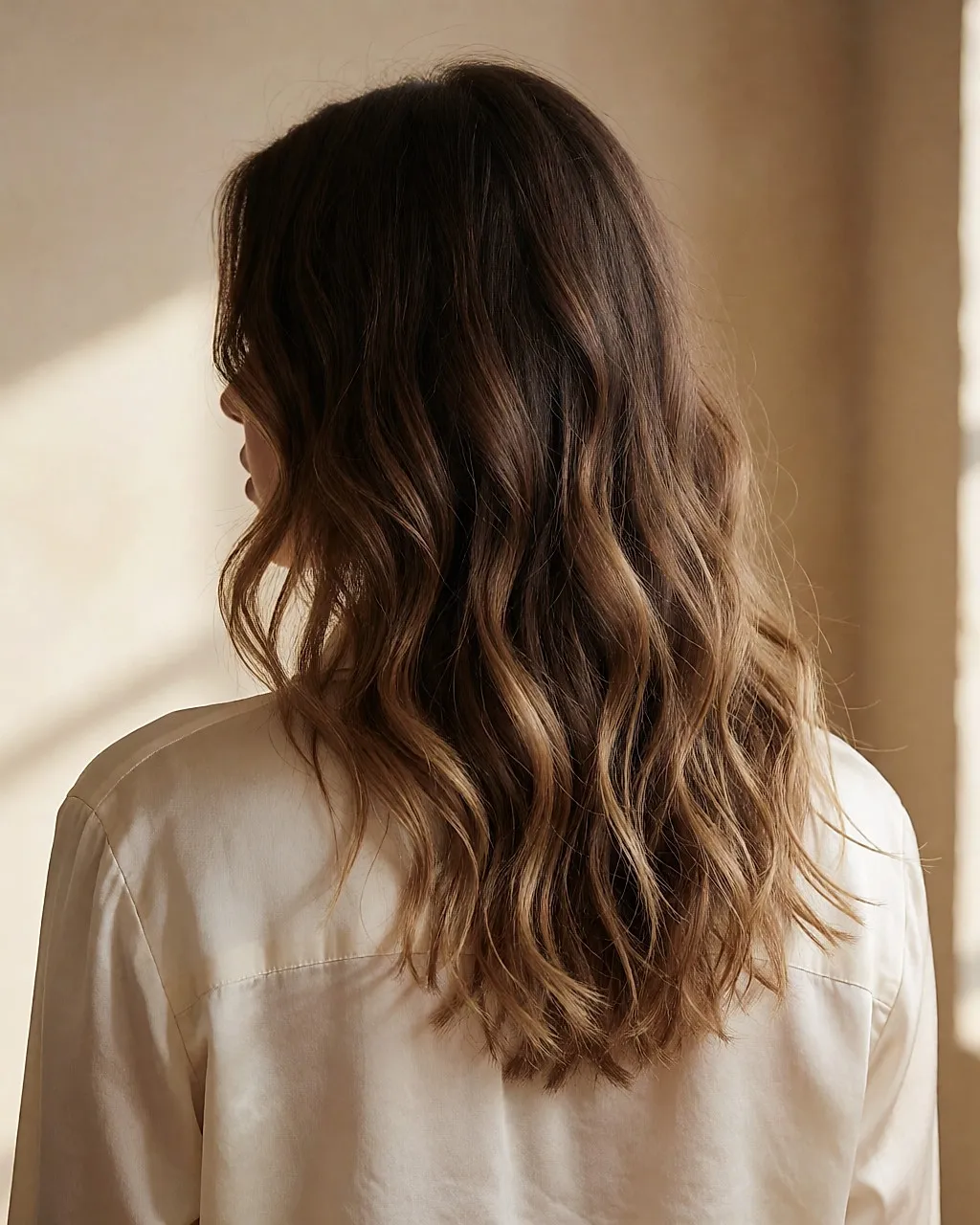 Back of satin brunette hair with lengths lightened by balayage