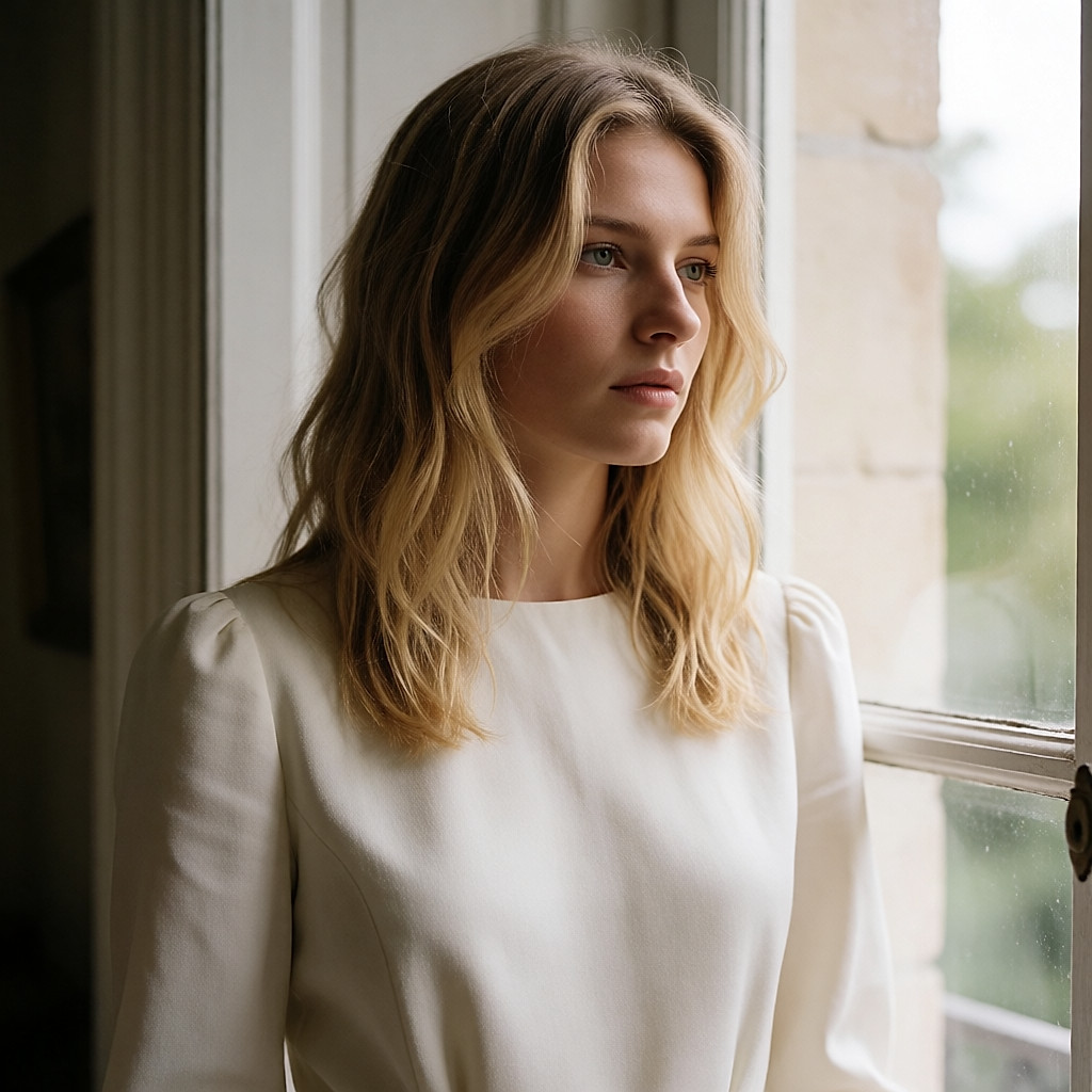 Profile of a young woman with honey blonde hair and a blended root, near a window
