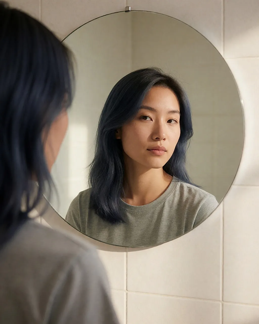 Mirror reflection of freshly coloured hair, seen from behind