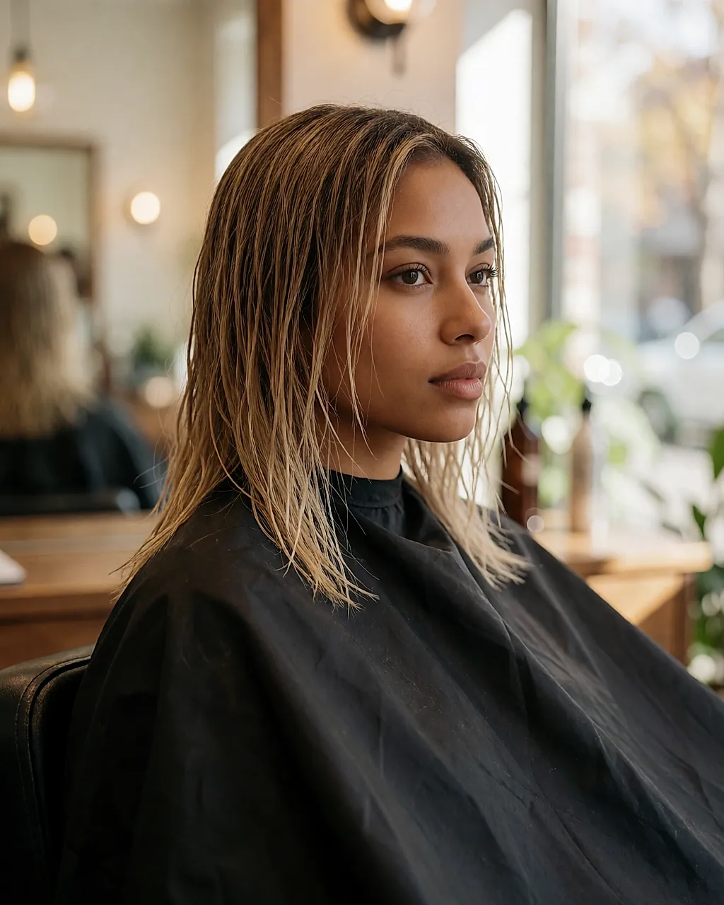 Young woman in a salon cape after a blonde-brown colour, three-quarter view