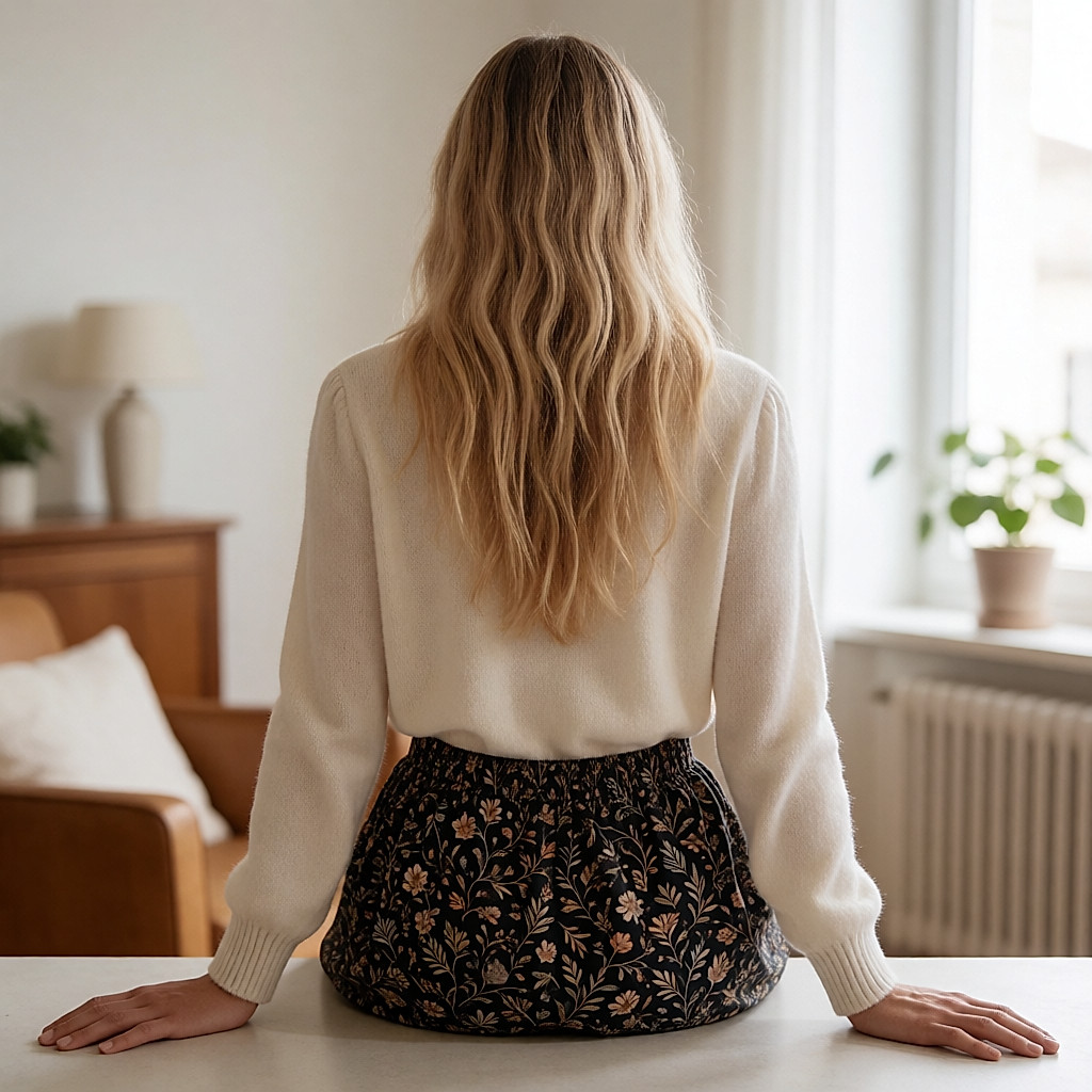 Dark roots and platinum blonde lengths, seen from behind in a salon
