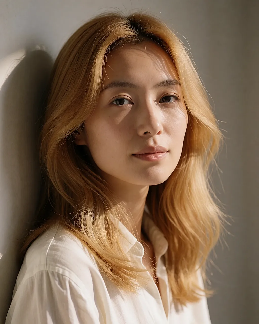 Golden blonde with soft waves, three-quarter portrait on a neutral background