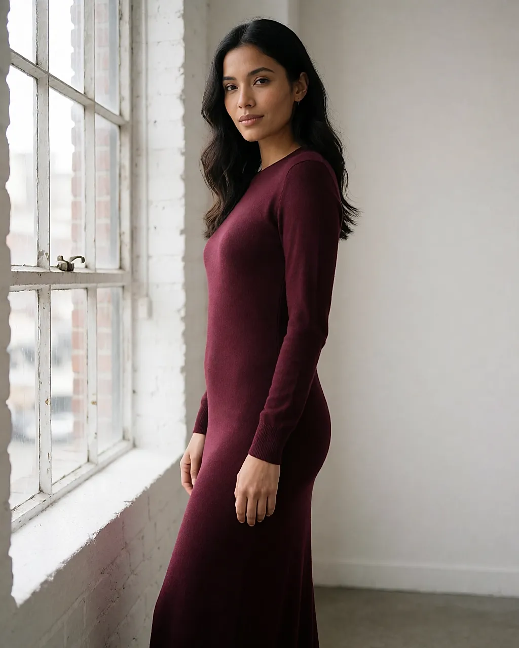 Robe midi en maille fine portée par une femme enceinte de profil