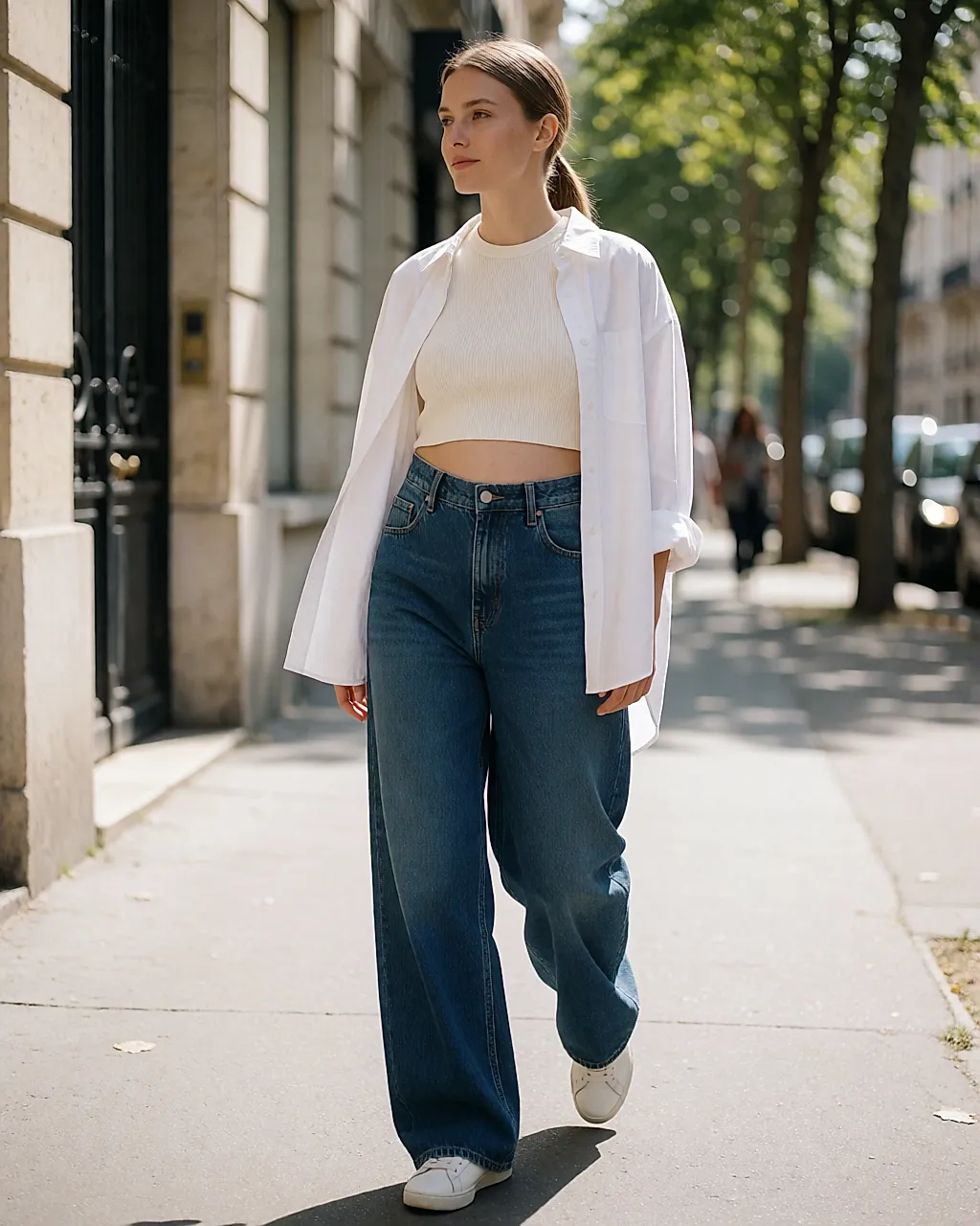 Jean wide leg de grossesse porté avec un top court et une chemise ouverte