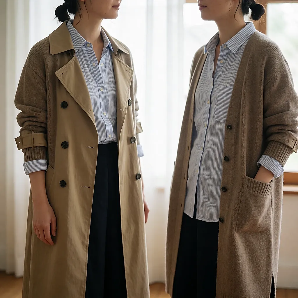 Trench ouvert sur un cardigan long et une chemise en superposition