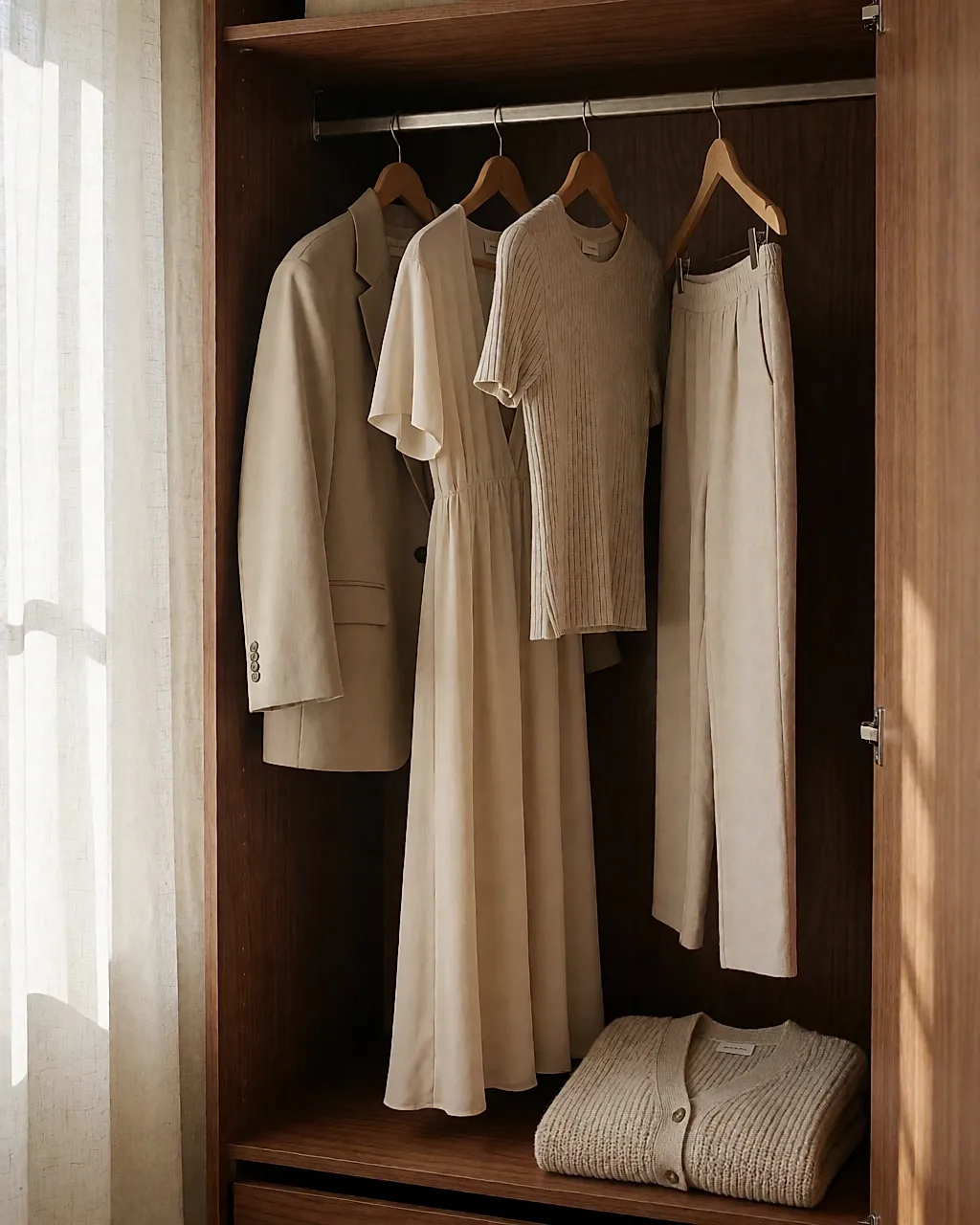 Garde-robe capsule de grossesse suspendue dans une penderie ouverte