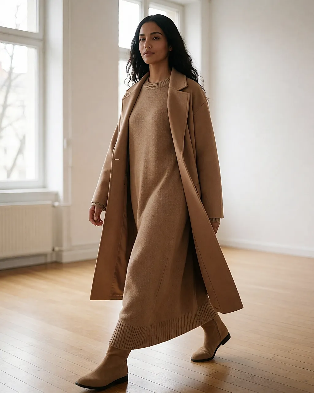 Total look monochrome camel porté par une femme enceinte