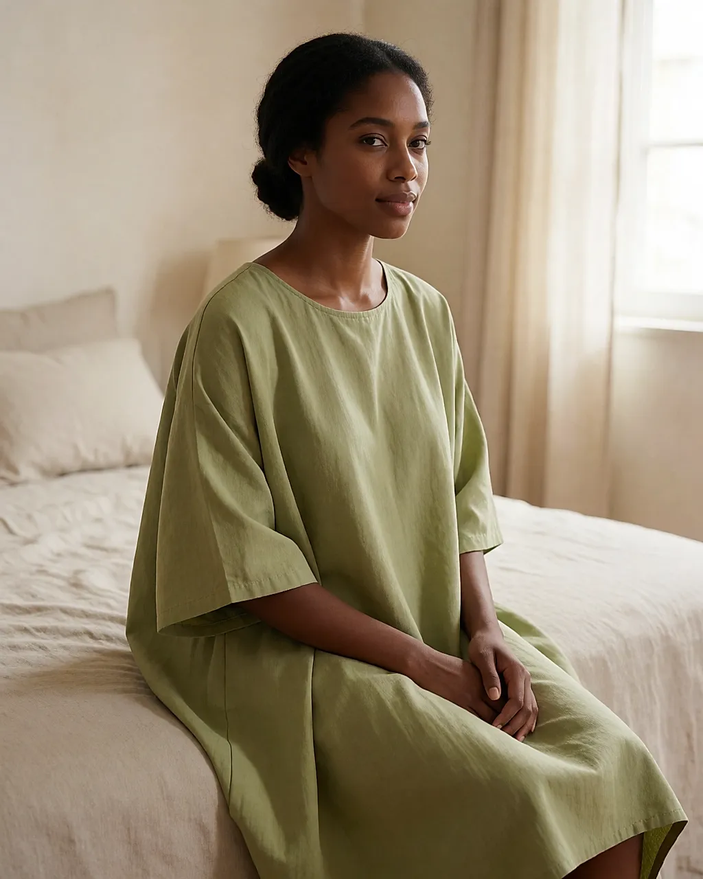 Robe trapèze ample portée par une femme enceinte assise