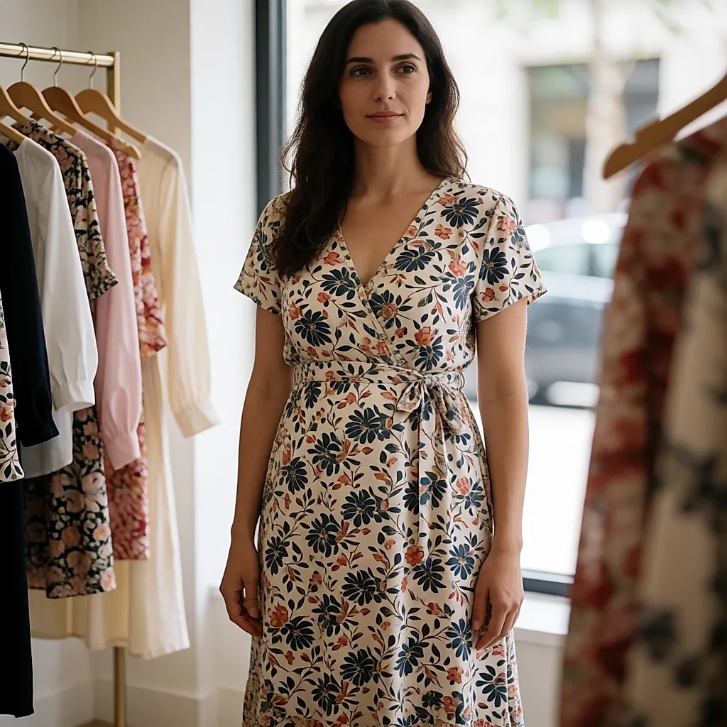 Femme enceinte choisissant une robe dans une boutique de prêt-à-porter