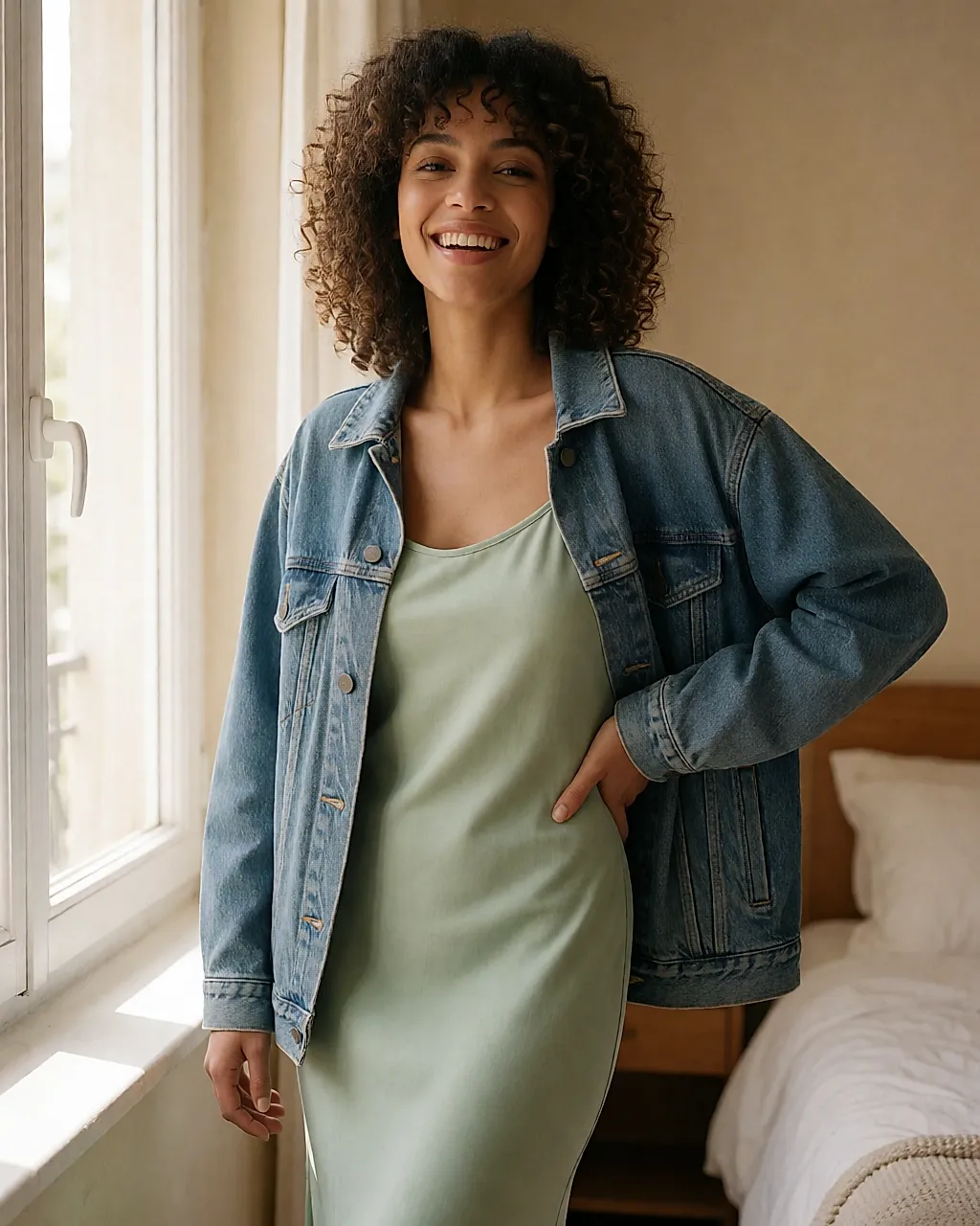 Robe nuisette et veste en jean ouvertes portées par une femme enceinte