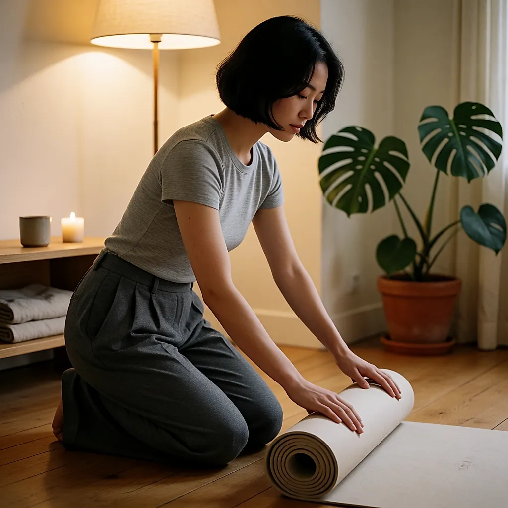 A woman unrolling her yoga mat on the floor of a living room at the end of the day