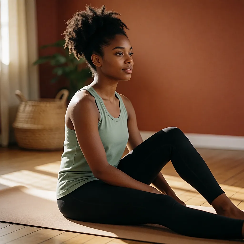 Seated hamstring stretch on a mat, torso folding gently forwards