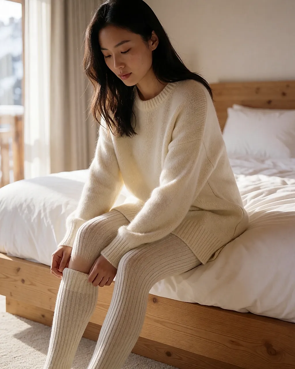 Collant thermique Damart en molleton fin, enfilé dans une chambre de chalet