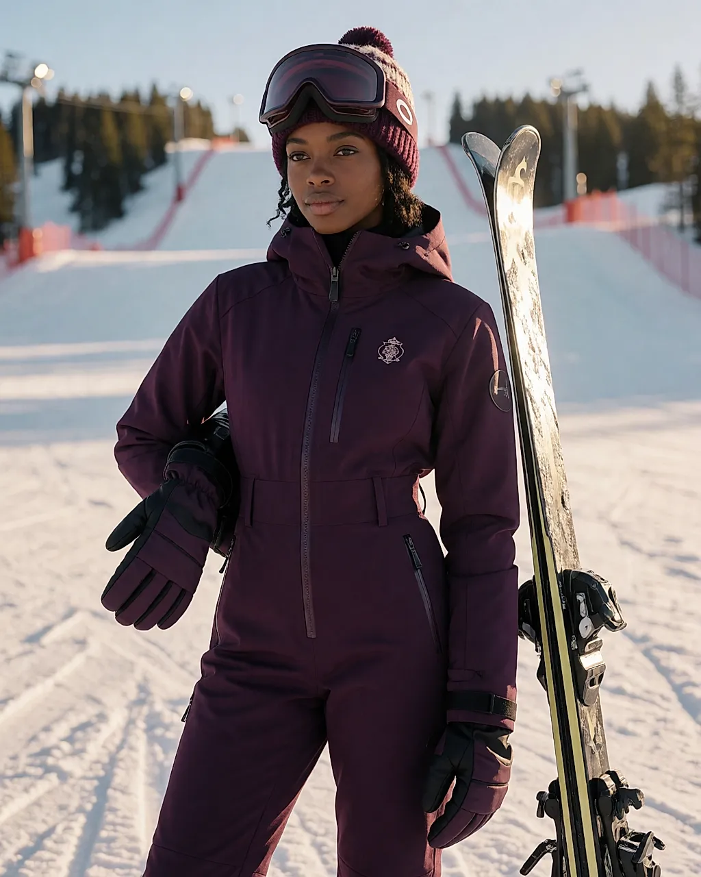 Combinaison de ski Wed'ze prune portée sur une piste, skis plantés dans la neige