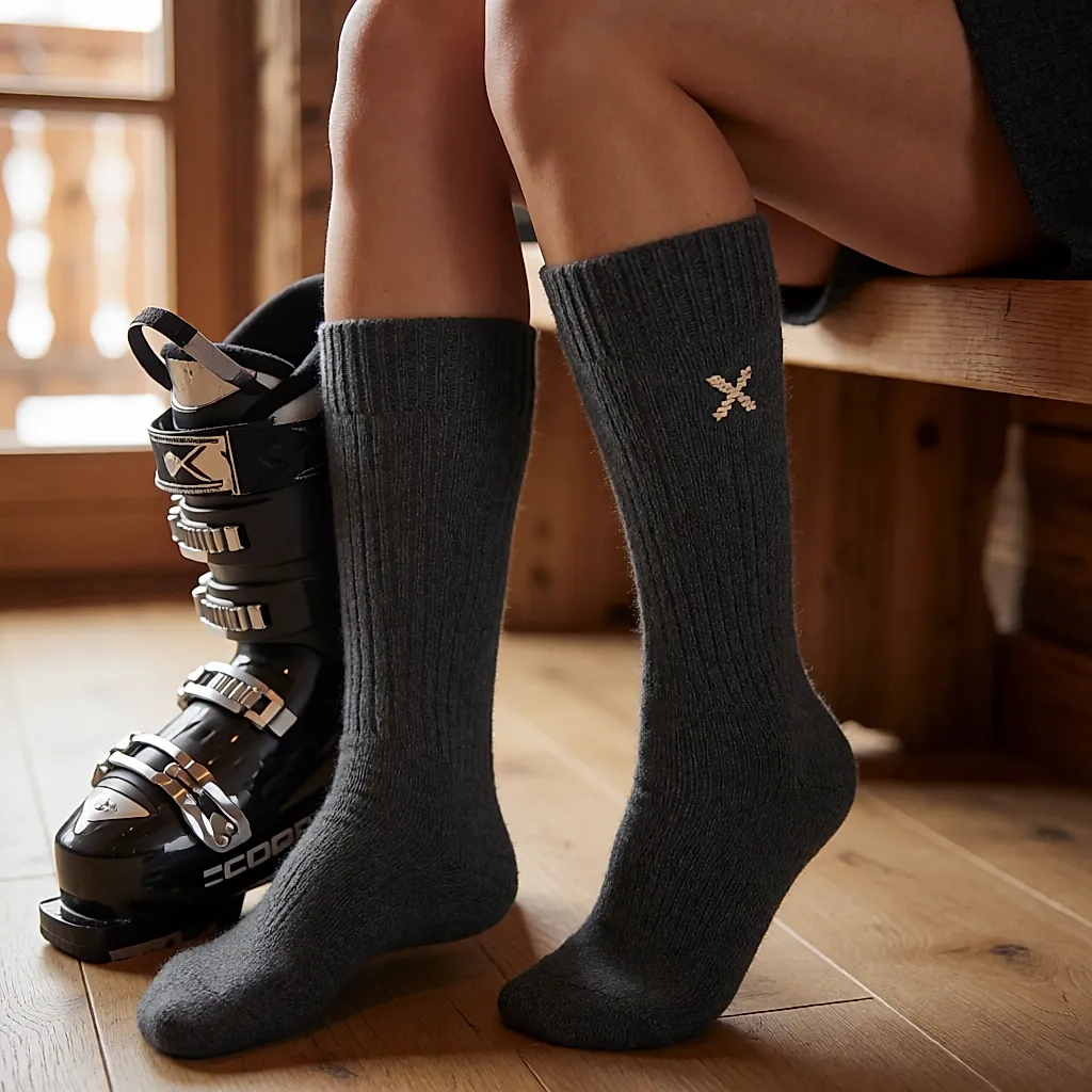Une paire de chaussettes de ski Wed’ze en mérinos enfilée avec une boot de ski dans un chalet