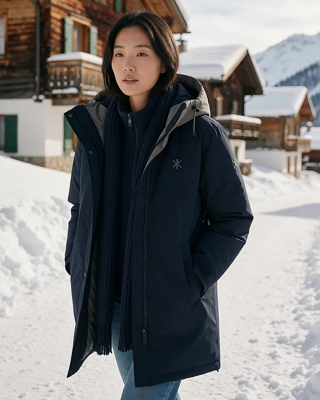 Manteau technique Napapijri porté sous la neige devant un village de montagne