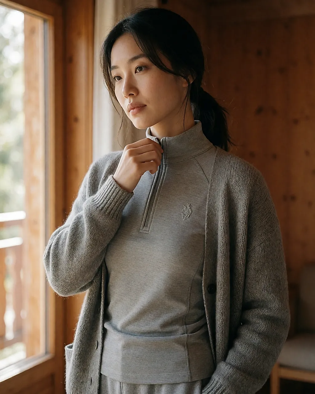 Sous-pull technique Wed'ze à demi-zip, enfilé à l'intérieur d'un chalet