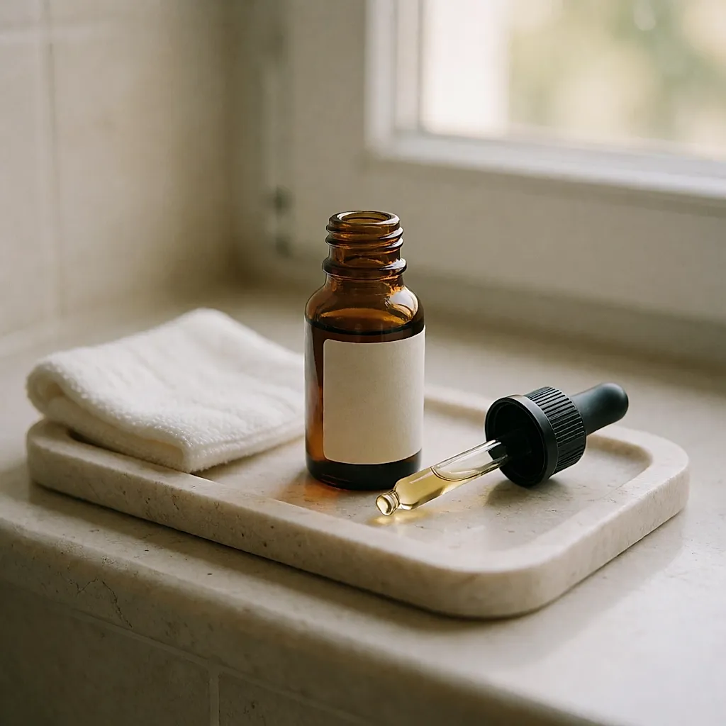 Sérum exfoliant, pipette en verre et coton posés sur une tablette de pierre claire