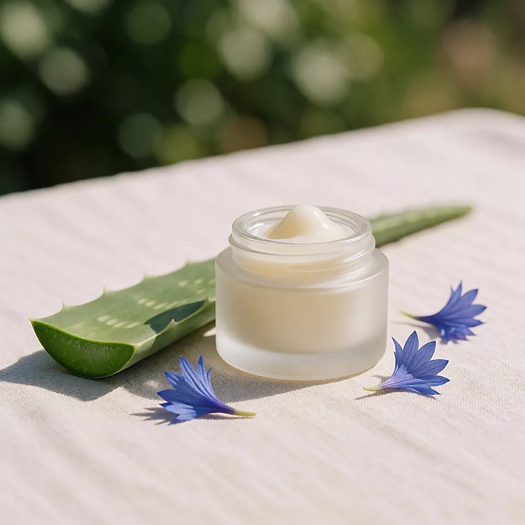 Pot de soin contour des yeux en verre, recharge et bleuet sur un lin clair