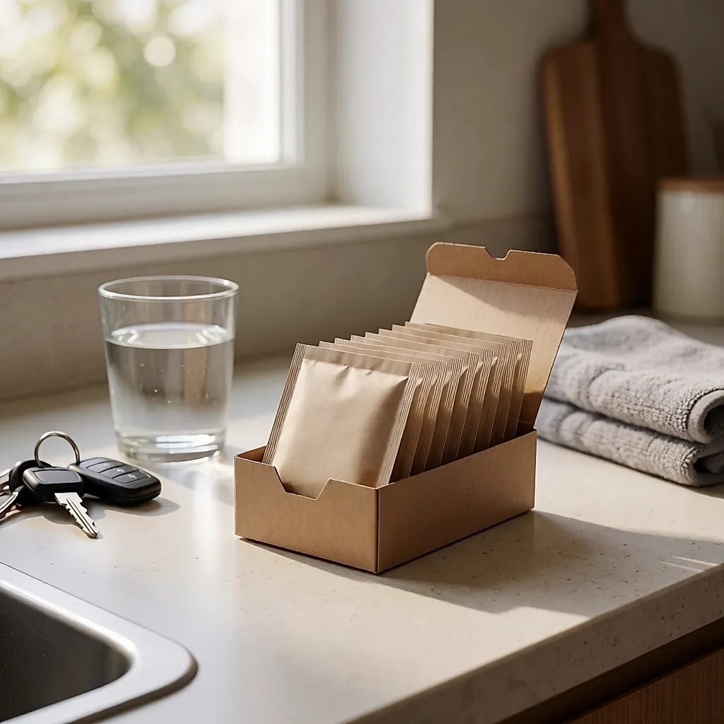 Des sachets de compléments encore fermés posés près d'un verre d'eau, sur un plan de travail