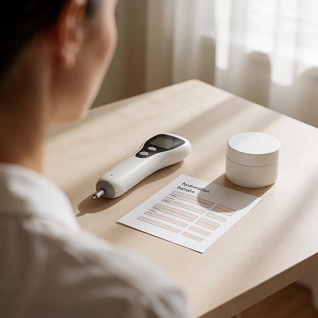 Un appareil de mesure cutanée et une fiche d'analyse posés sur un bureau clair