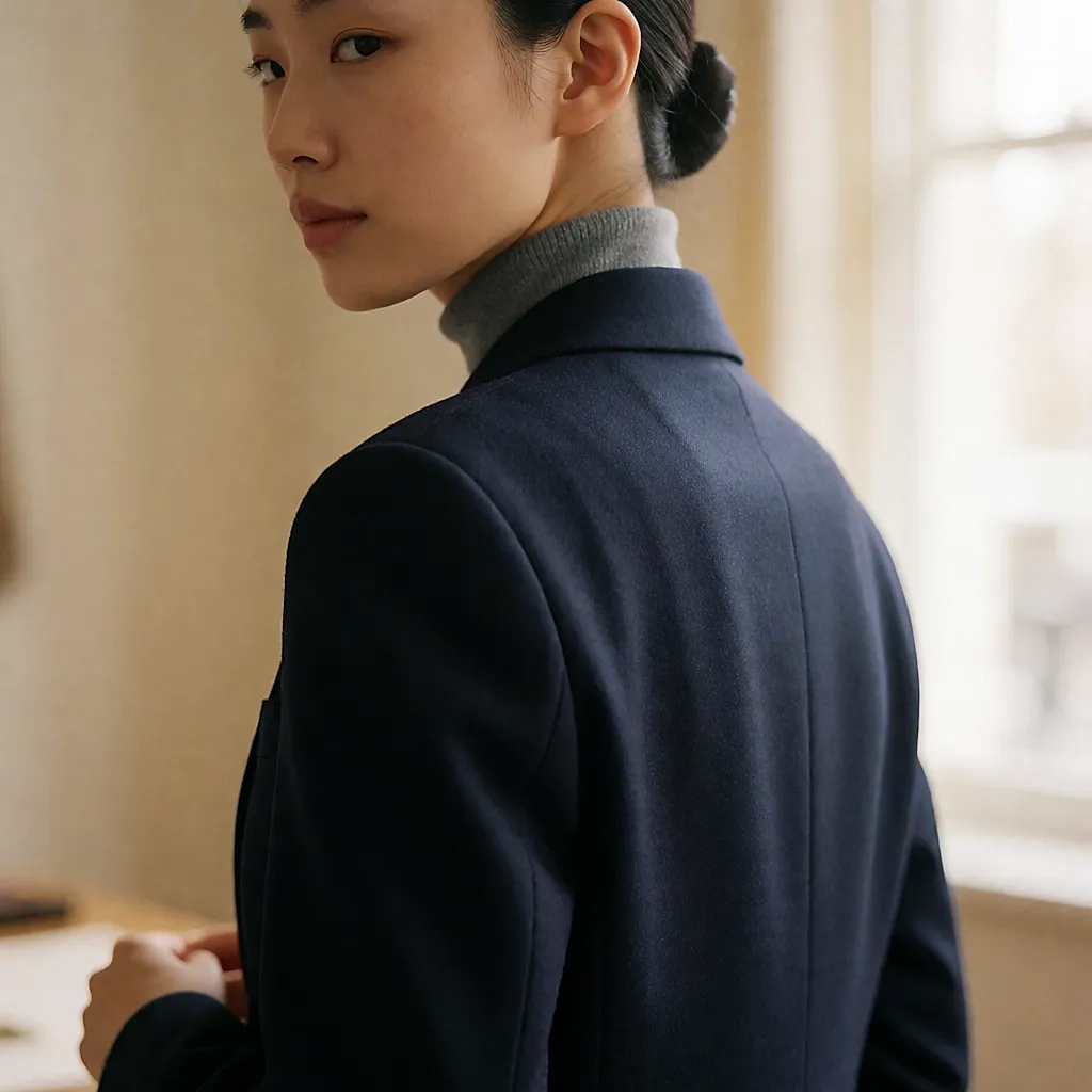 Détail de la couture d'épaule d'une veste en laine sur une femme de trois quarts dos