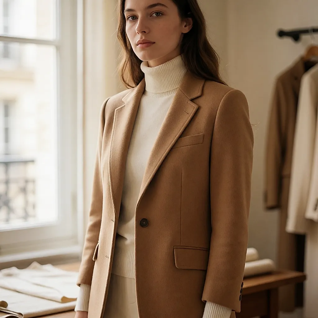 Veste camel en atelier, côtés bâtis au fil blanc pour dessiner la taille