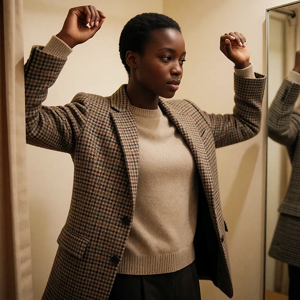 Femme en cabine testant une veste en levant les bras devant le miroir
