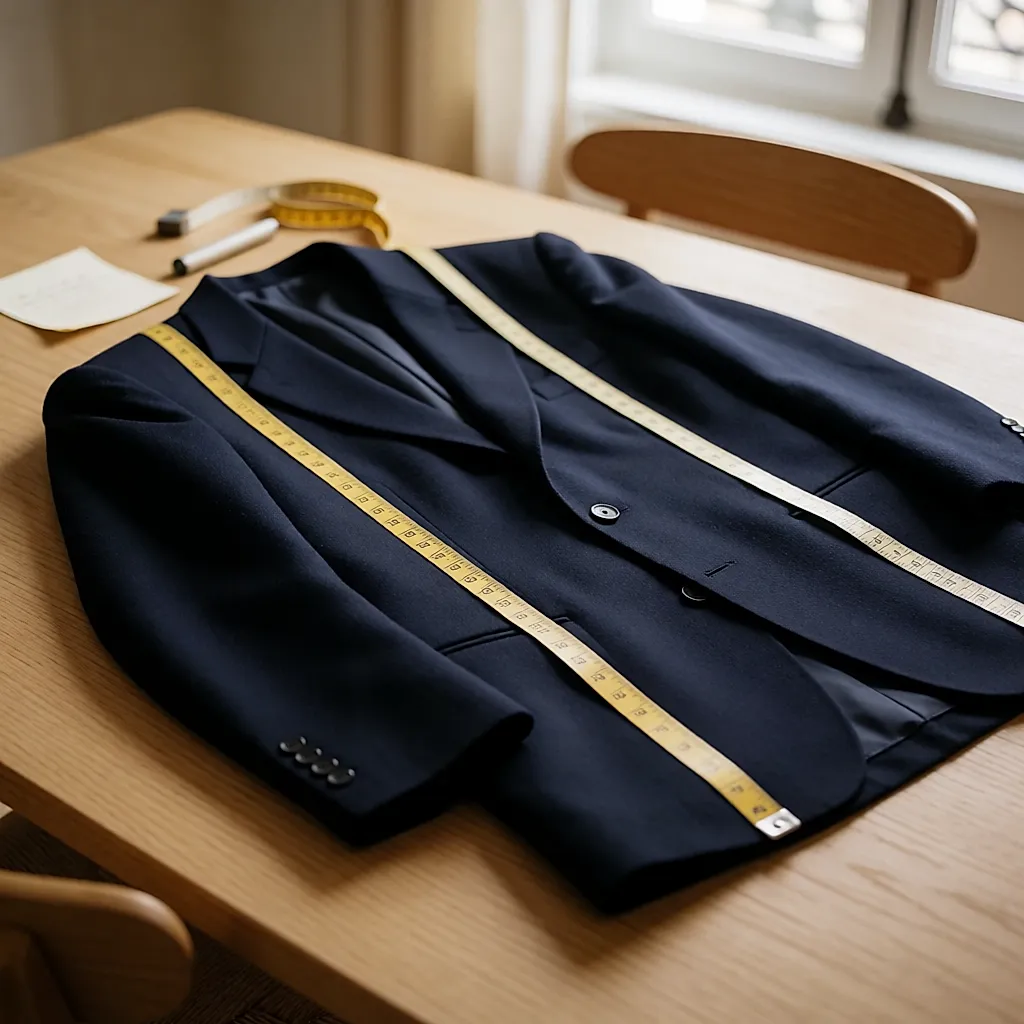 Veste vintage posée à plat, mètre ruban tendu d'une couture d'épaule à l'autre