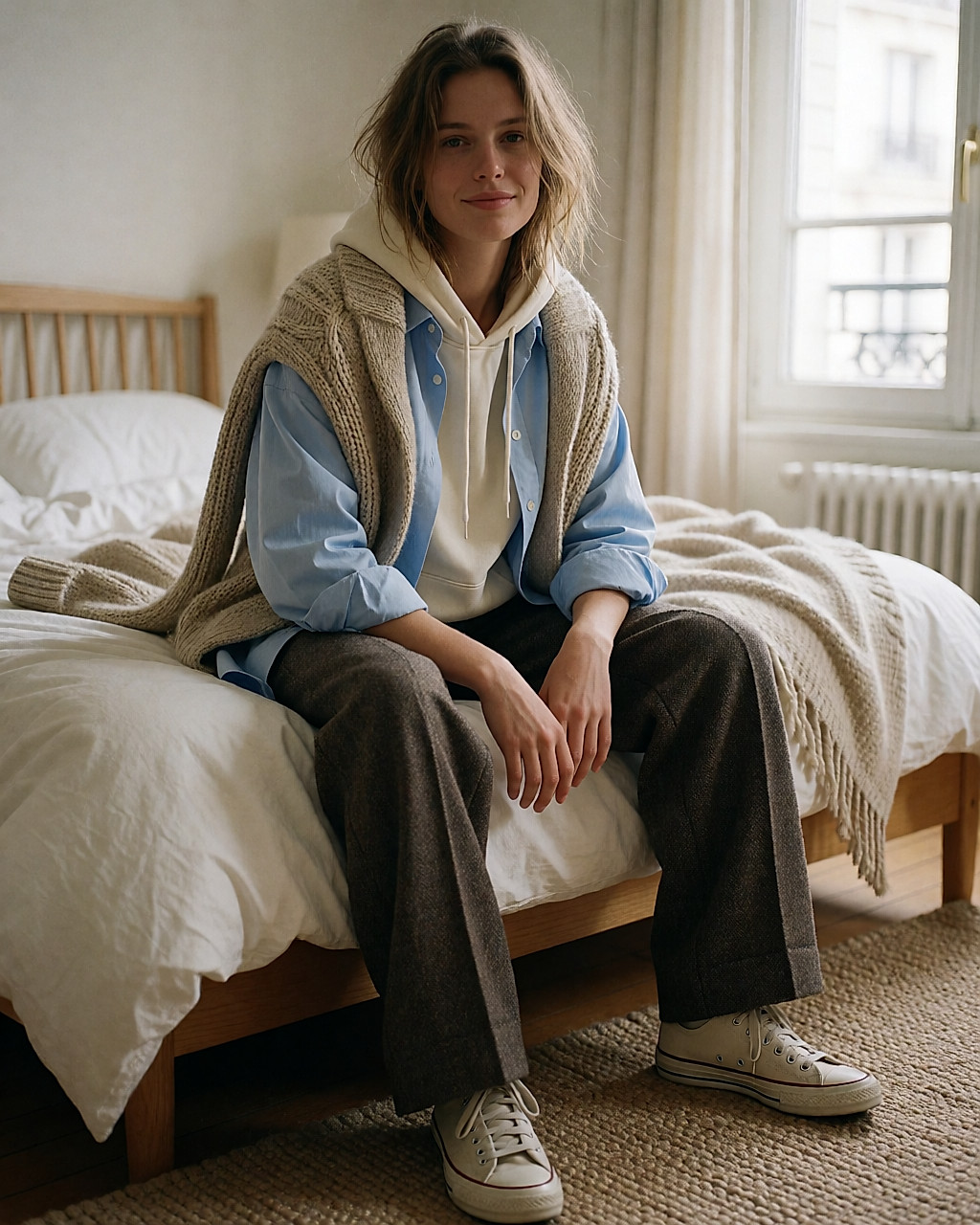 Jeune femme assise sur un lit, chemise ouverte et grosse maille superposées à un sweat à capuche