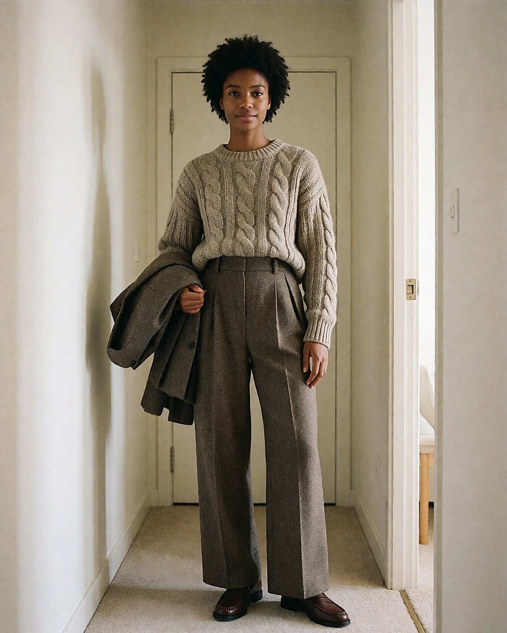 Jeune femme noire en grosse maille torsadée, pantalon large plissé et mocassins dans un couloir