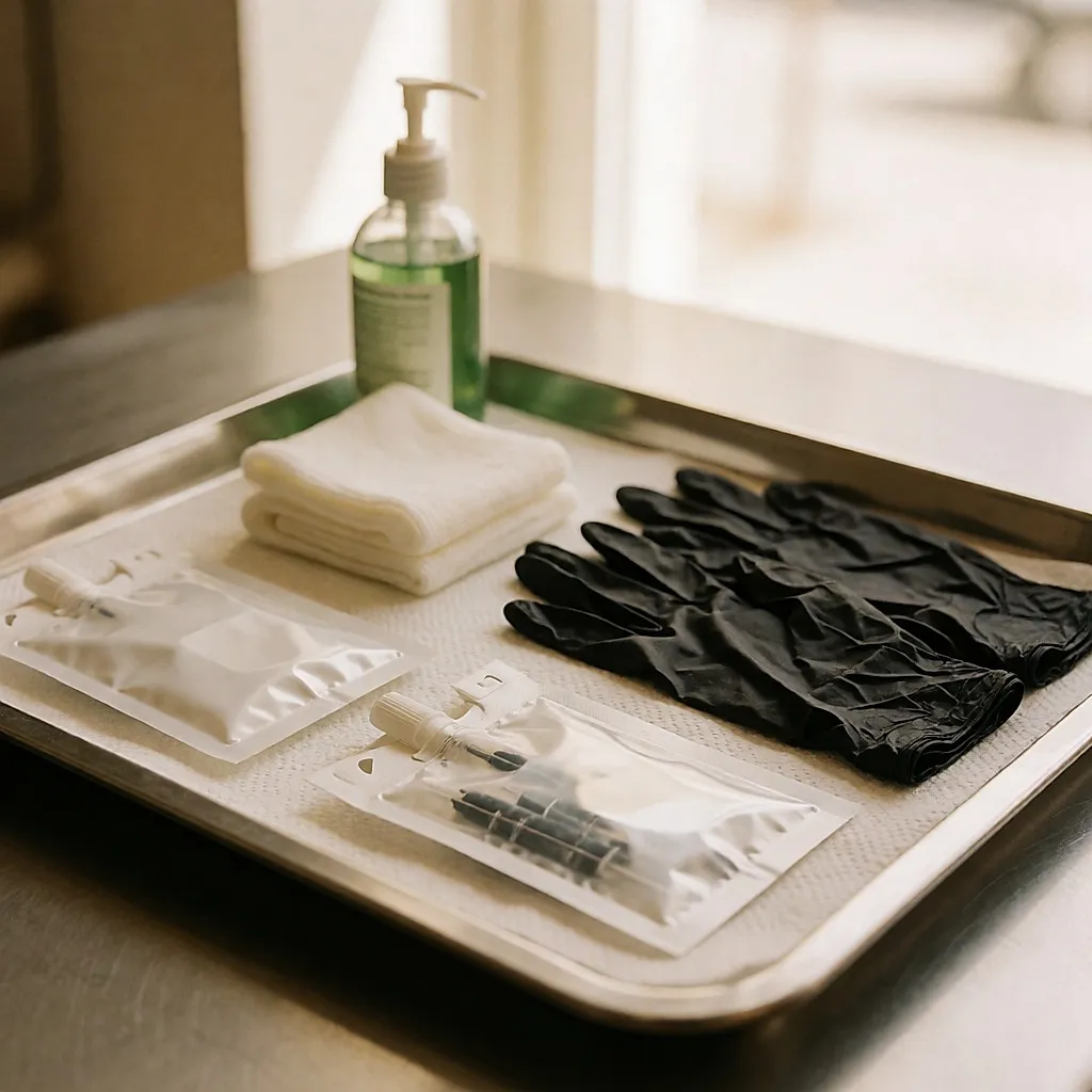 Sterile equipment laid out ready on a stainless steel tray in a tattoo studio
