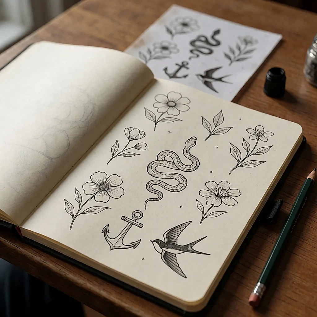 A tattooist's sketchbook open on a wooden table, designs drawn by hand
