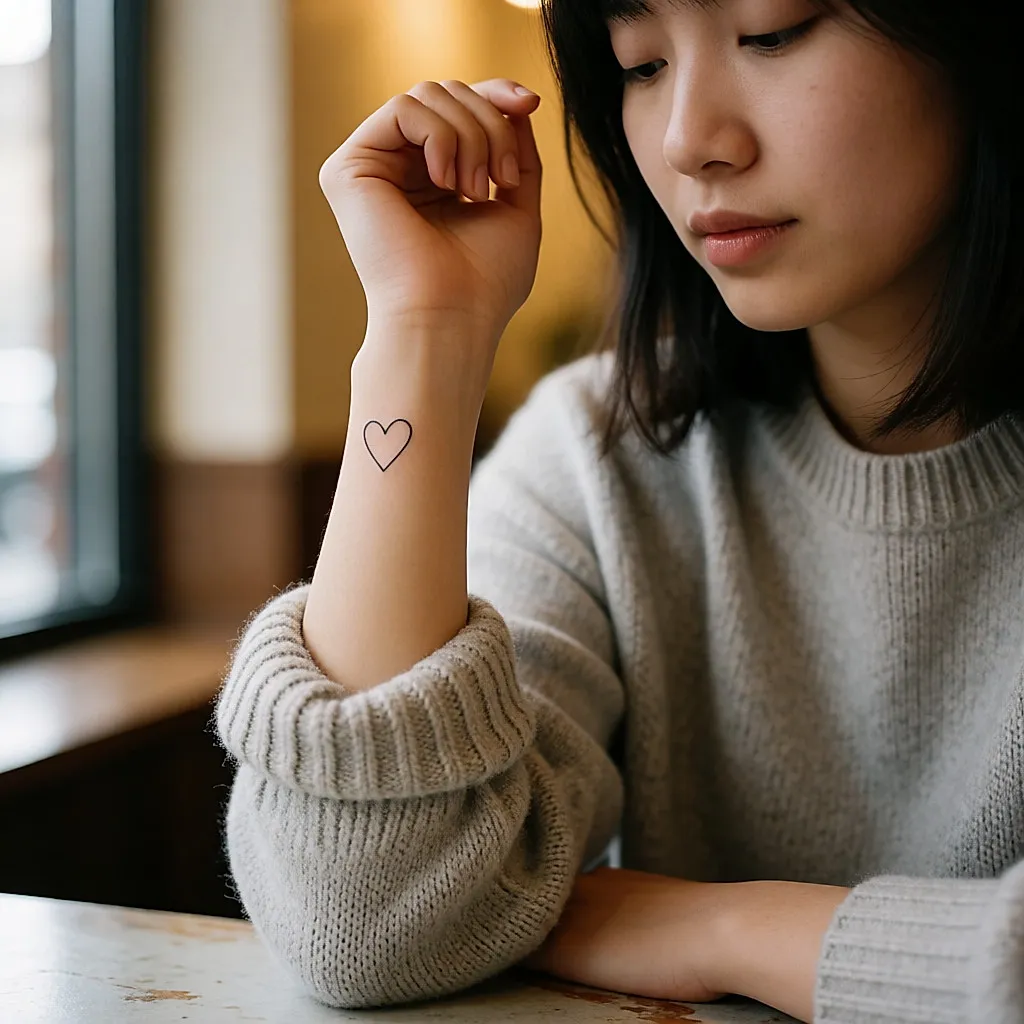 Small black ink heart tattoo on a young woman's wrist
