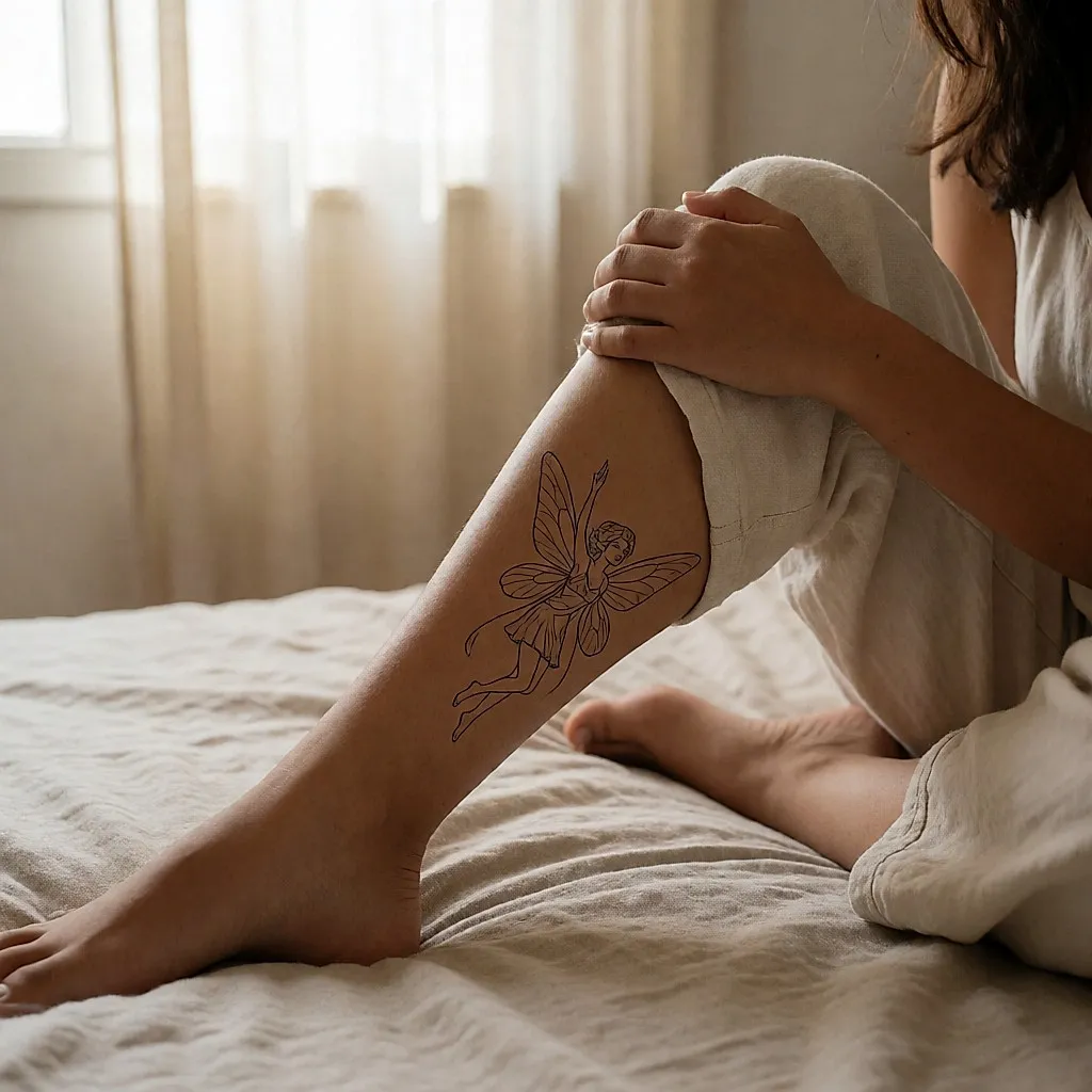 Fine-line fairy tattoo on a young woman's calf as she sits on a bed