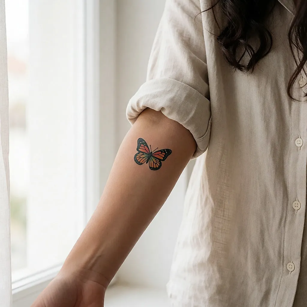 Colourful butterfly tattoo on a young woman's forearm by a window