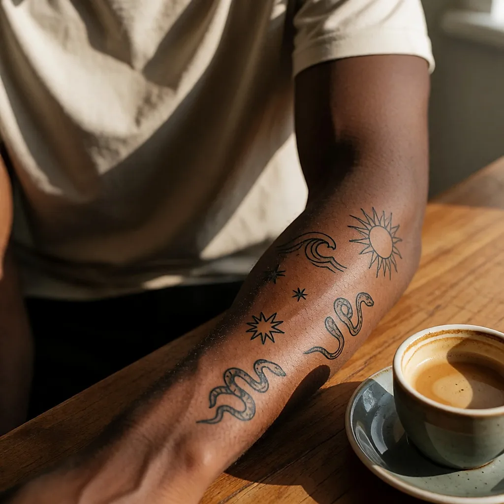 A young man's forearm covered in several small healed tattoos
