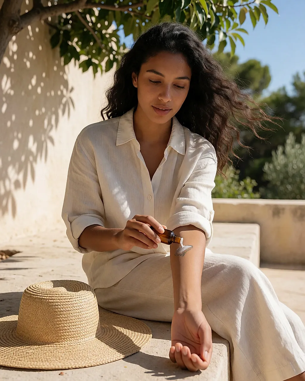 Junge Frau trägt eine mineralische Sonnencreme auf das Tattoo an ihrem Unterarm auf, auf einer sonnigen Terrasse