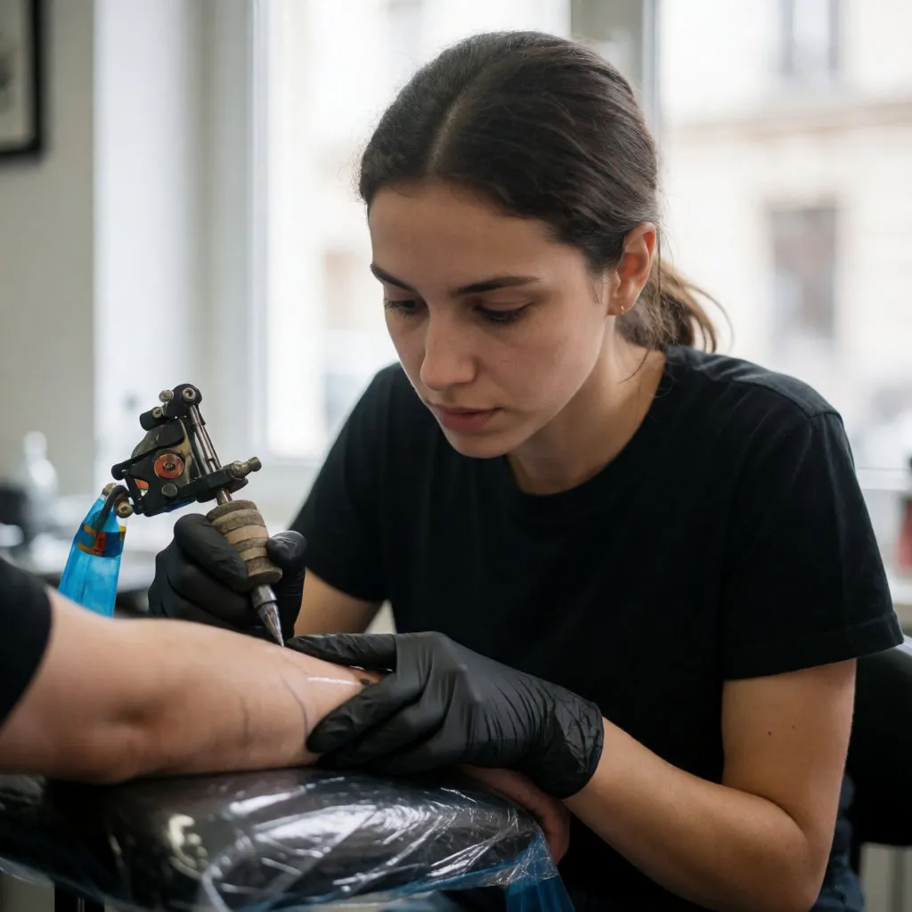 Tatuadora concentrada trabajando en un antebrazo en un estudio limpio