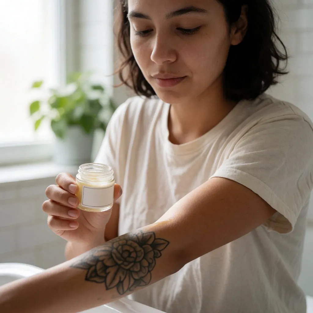 Joven aplicando una capa fina de bálsamo sobre un tatuaje reciente en el antebrazo