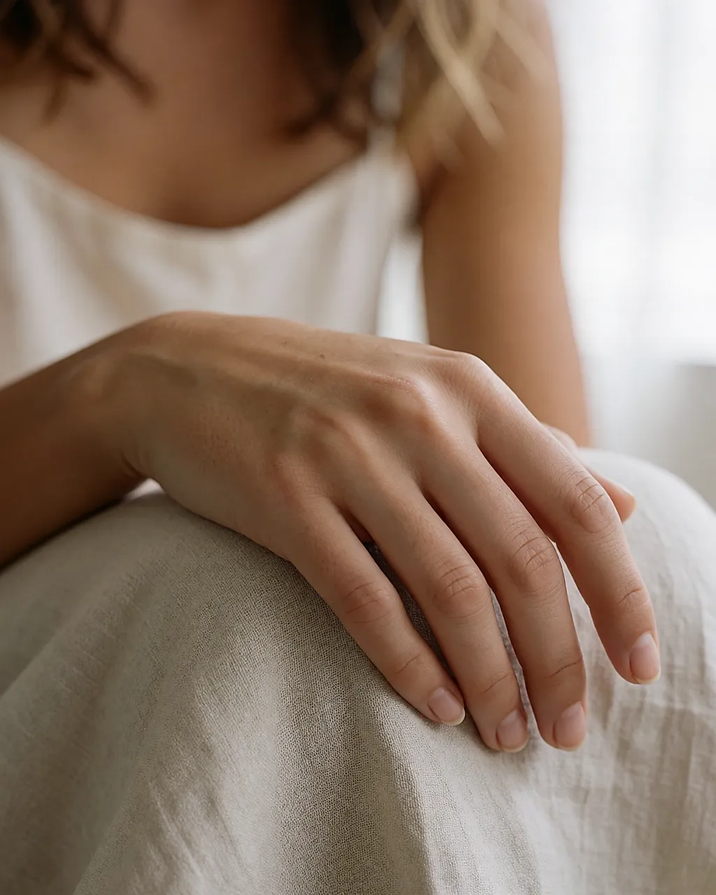 Mano de una mujer joven apoyada sobre lino, con un pequeño signo fino tatuado en el lateral