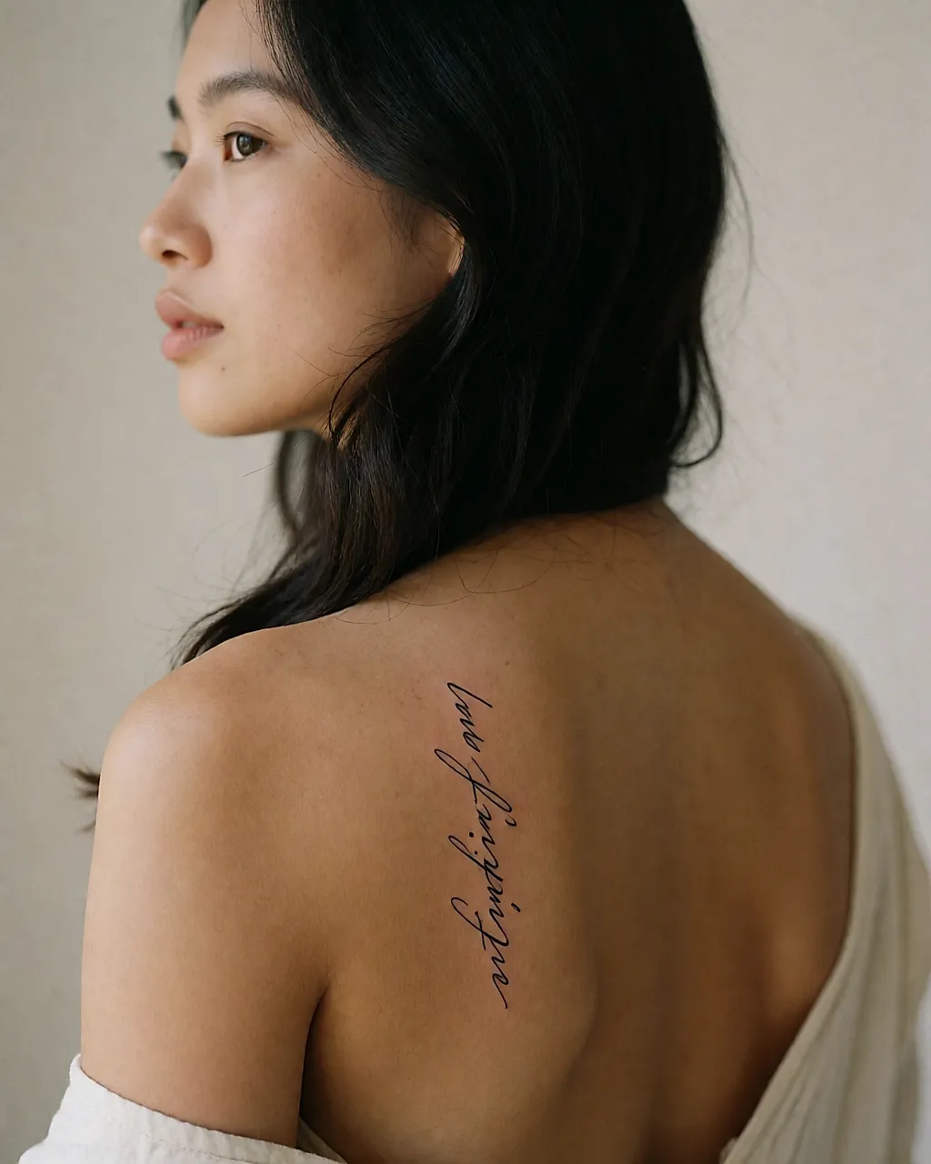 Espalda de una mujer joven, con una palabra en escritura fina tatuada en vertical en el omóplato