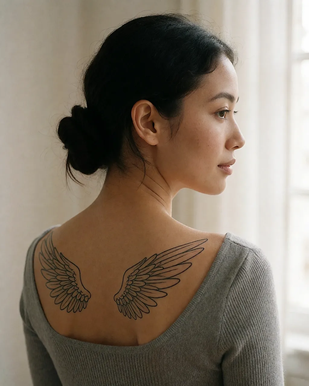 Omóplatos de una mujer joven, con un par de alas finas tatuadas en la espalda