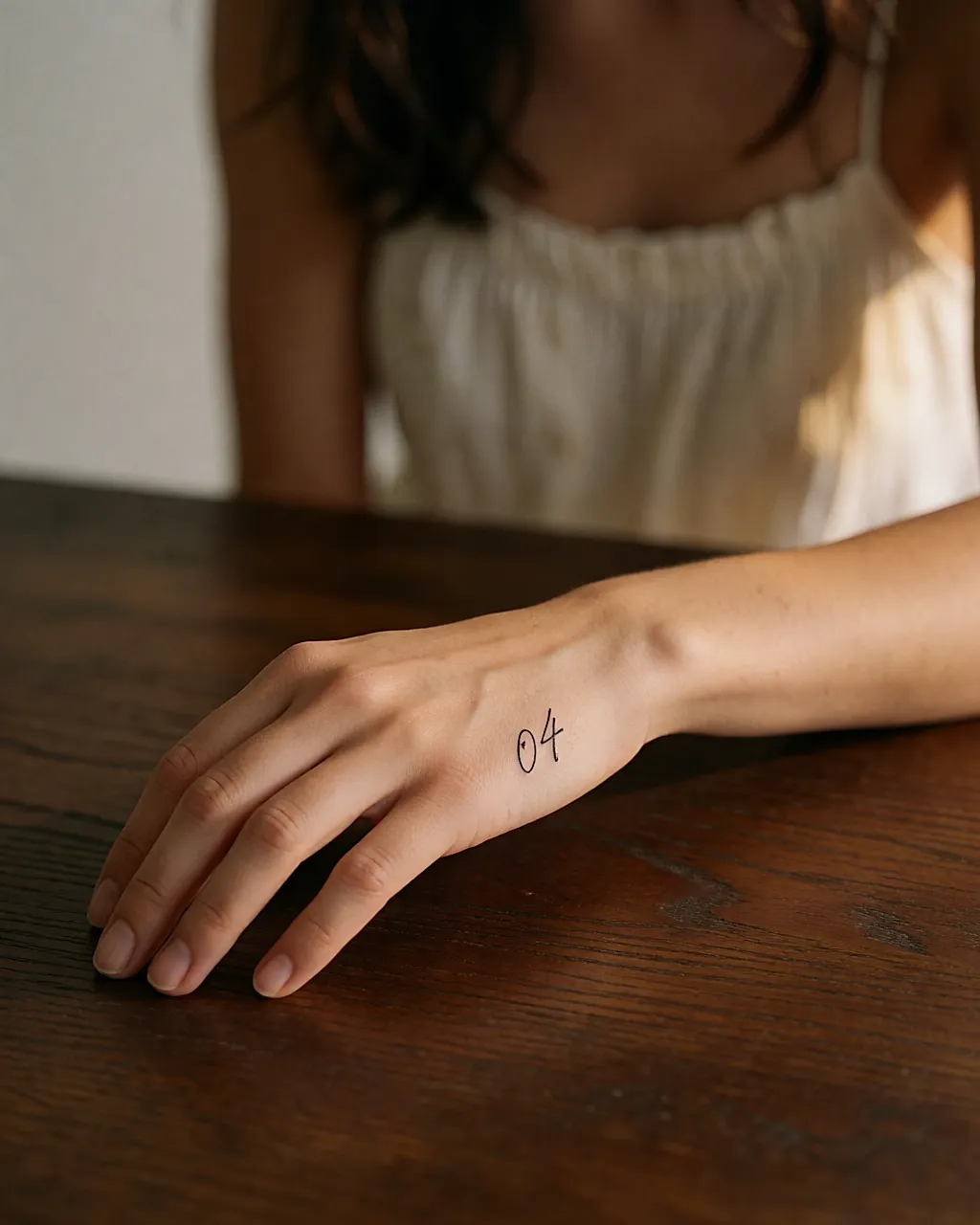 Mano apoyada sobre una mesa de madera, con dos iniciales finas tatuadas una junto a la otra