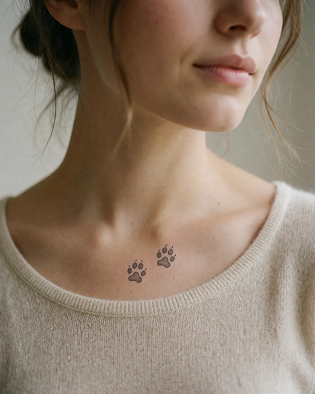 Base del cuello de una mujer joven, con dos pequeñas huellas de patas tatuadas