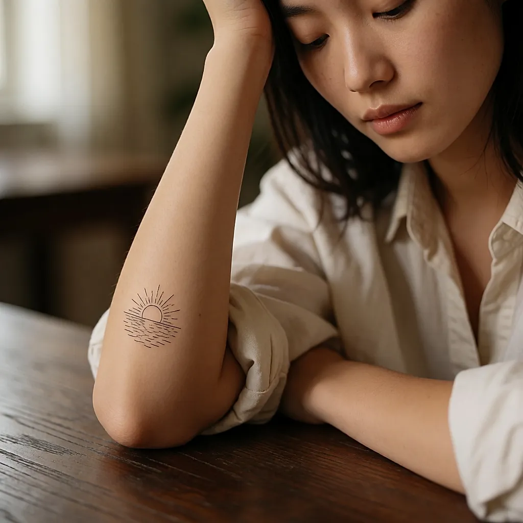 Un petit tatouage de coucher de soleil sur la mer, sur un avant-bras posé sur une table