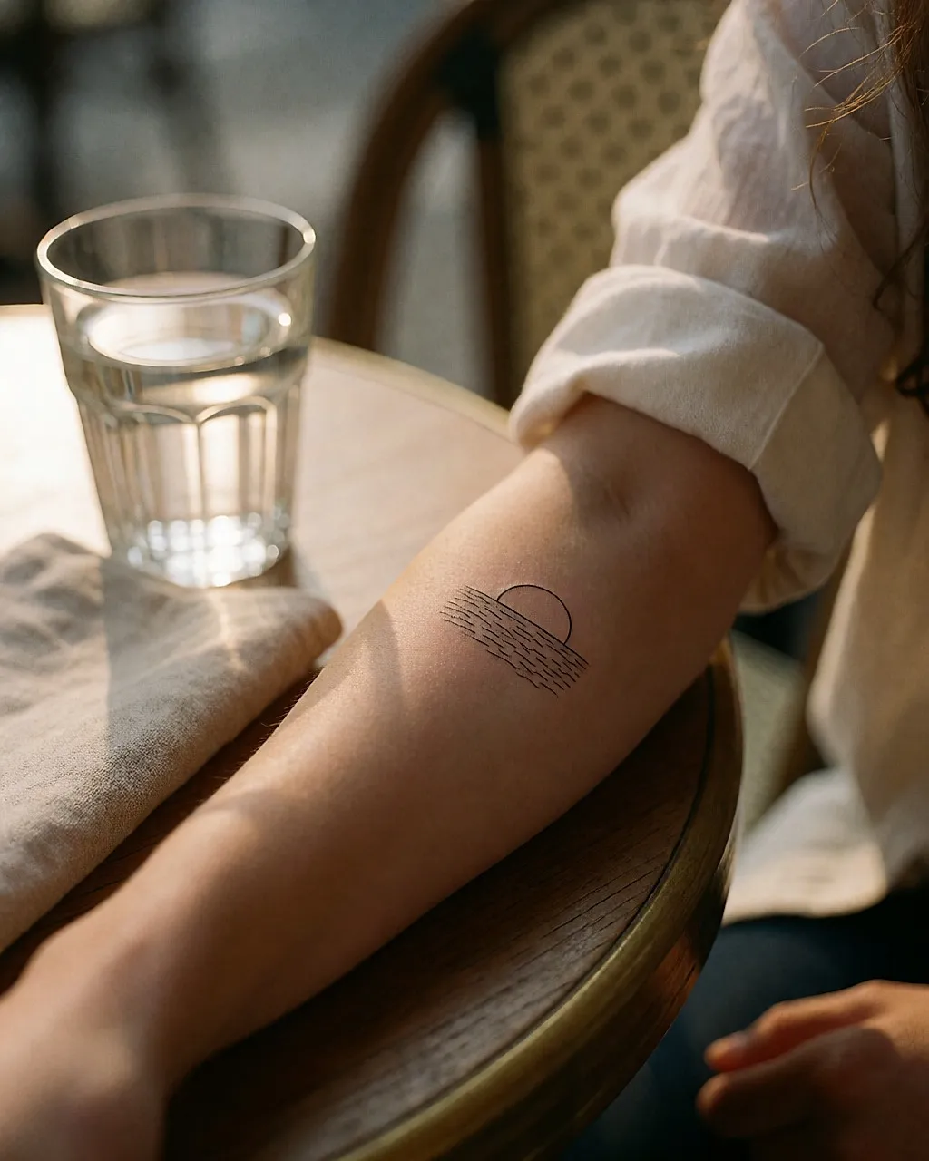 Antebrazo apoyado sobre una mesa de madera, con un pequeño tatuaje fino de una puesta de sol sobre el mar